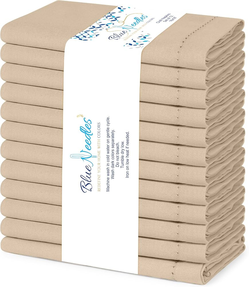 Blue Needles Set of 12 Hemstitch Linen Napkins 100% Cotton Beige Cloth Dinner Napkins 18x18 inche... | Amazon (US)
