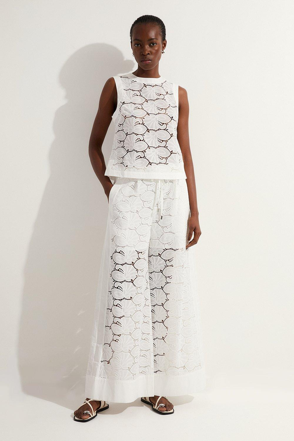 Cotton Cutwork Panelled Woven Wide Leg Trouser | Karen Millen | Karen Millen UK + IE + DE + NL