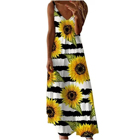 USSUMA Dress for Women Wedding Guest Women s Dresses Sunflower Print Spaghetti Strap V Neck Boho Long Maxi Dress Summer Beach Flowy Ethnic Sundress | Walmart (US)