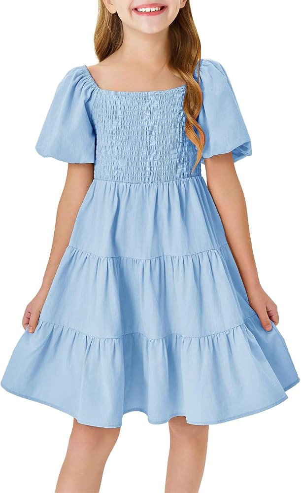 Batermoon Girls Boho Square Neck Puff Sleeve Off Shoulder Smocked Tiered Casual A Line Short Mini... | Amazon (US)