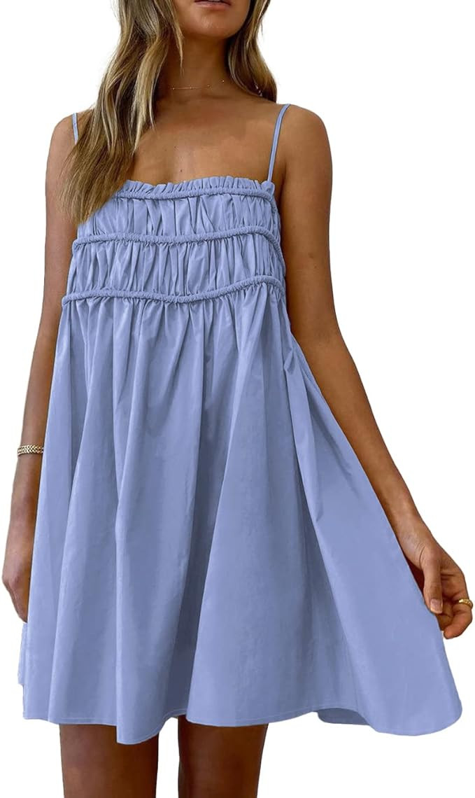 BTFBM Women Casual Sleeveless Summer Short Dress Cute Solid Color Spaghetti Strap Ruched Loose Dr... | Amazon (US)