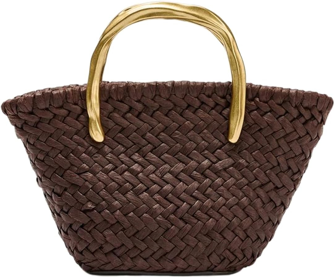 Cute Straw Bucket Bag with Metal Handle Women Straw Woven Evening Handbag Casual Tote Bag Formal ... | Amazon (US)