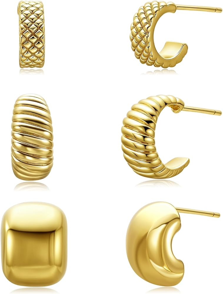 Gold Chunky Hoop Earrings Set for Women Trendy - 14K Gold Plated Thick Hoops Earring Set for Mult... | Amazon (US)