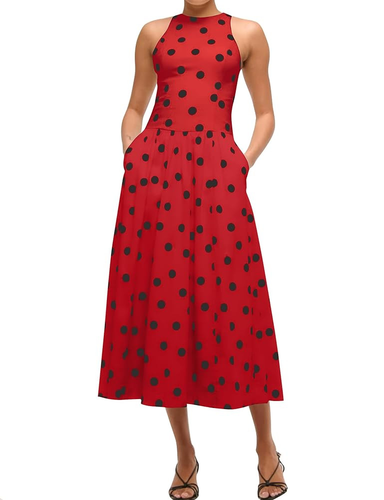 Polka Dot Summer Midi Dress Women Sleeveless High Neck Patchwork Tank Sundress Casual Flowy A Lin... | Amazon (US)