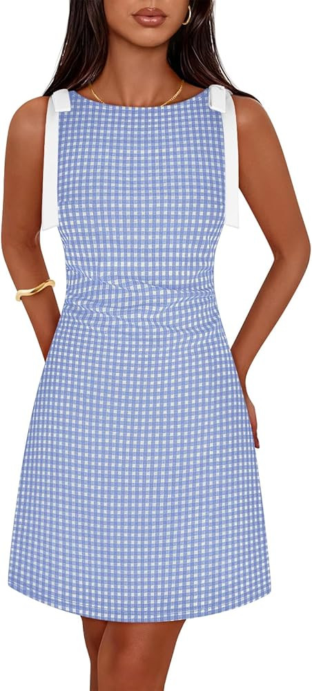 MEROKEETY Women's 2026 Summer Gingham Mini Dress Ruched Sleeveless Boat Neck Cocktail Party Beach... | Amazon (US)