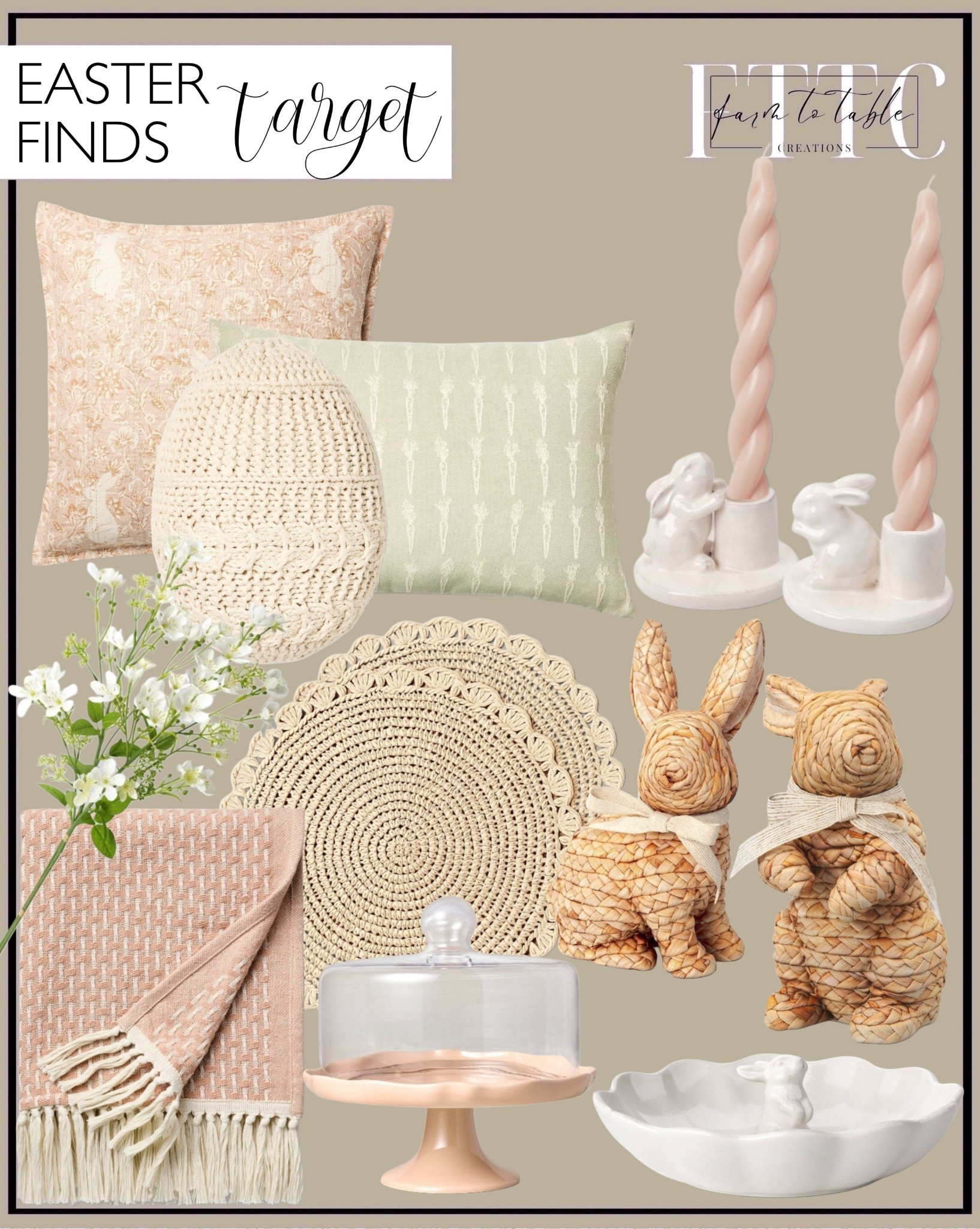 Target Easter Finds.  Follow @farmtotablecreations on Instagram for more inspiration.

Bunny Taper Candleholders. Light Pink Twist Taper Candles. Woven Carrot Lumbar. Hidden Bunny Floral Coral Pillow.  Egg shaped throw pillow. Woven sitting easter bunny. Orange cream throw blanket. Boo Bunny Candle Bowl. Paper Chargers. Scalloped Stoneware Covered Dessert Stand Blush. Apple Blossom Stems. Twisted Handle Ceramic Vase. Pine Brook Diamond Persian Style Rug. Appetizer Salad Plates.

Easter Decor | Console Table | Dining Room | Dining Room Artwork | Bathroom Finds | Bedroom Finds | Bedroom Furniture | nightstands | Home Decor| Fireplace Decor | Spring Refresh |  Bedroom Finds | Neutral Stems | Spring Stems | Bookshelf Decor | Bedroom Space | Cozy  Corner | Bathroom | Curated Entryway | Spring  Decor | End of Year Clearance | Trending Decor | Viral Decor  | Coffee Table Decor | Neutral Decor | Fall Stem Sale | Target Finds | Skinny Bench | Bedroom | Living Room | Breakfast Nook | Amazon Home | Target Sale | Loloi Rugs | Magnolia Home | console table | console table styling | faux stems | entryway space | front porch decor | neutral decor | entryway decor | cozy home | affordable decor |  home decor | home inspiration | console styling | entryway rug | cozy moody home | moody home decor | neutral home | bathroom decor | living room | spring decor | Hearth & Hand | Studio McGee | 2025 Home Trends | trending home | Crate&Barrel 


#LTKFindsUnder50 #LTKHome #LTKSeasonal