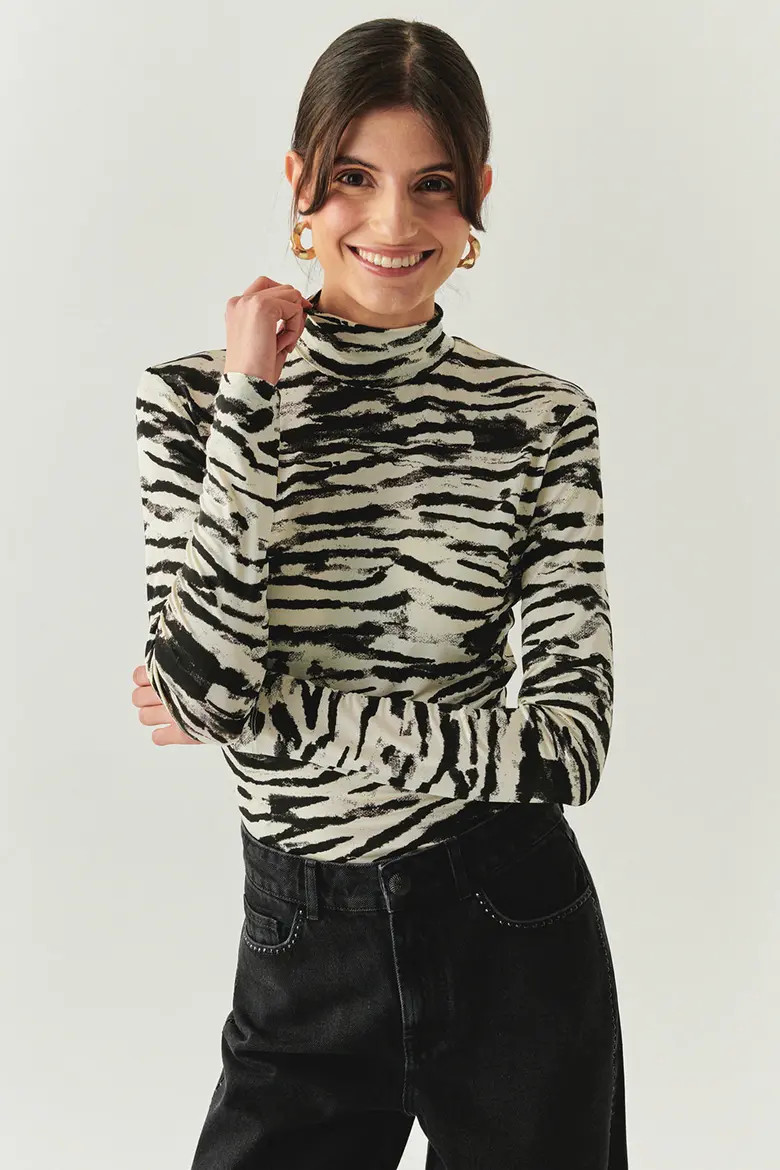 Exquise Laylani Zebra Print Top in Black-Beige at Nordstrom, Size Large | Nordstrom
