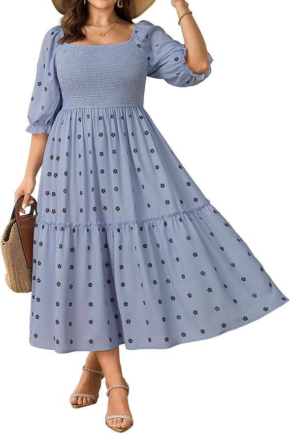 Women's Plus Size Maxi Dress Puff Short Sleeve Square Neck Floral Casual Boho Tiered Smocked Ruff... | Amazon (US)