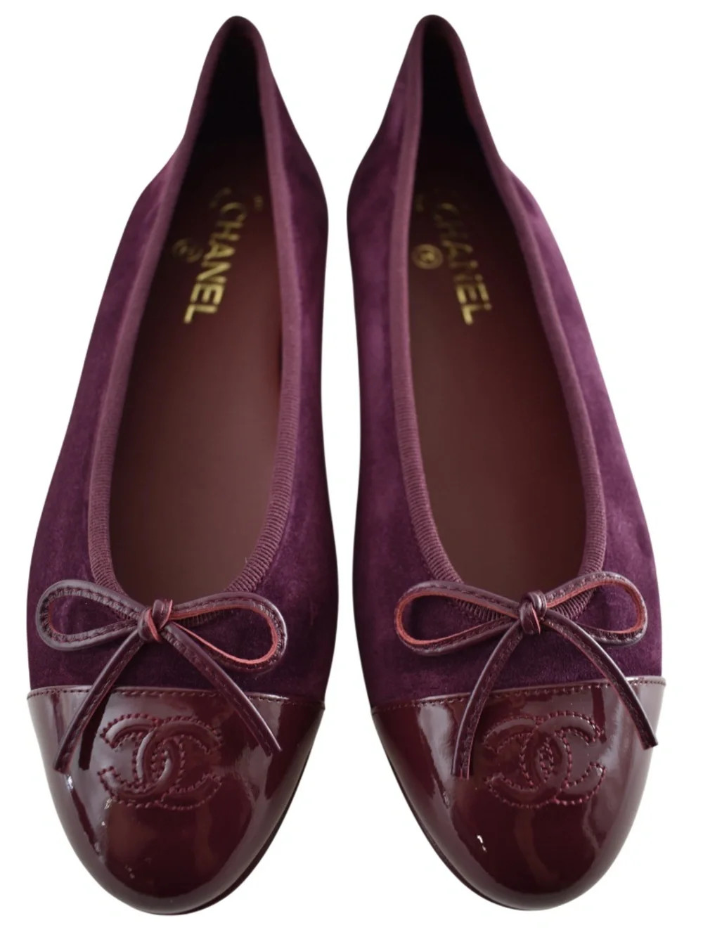 Chanel 26A Burgundy Red Purple Suede Patent CC Logo Ballet Ballerina Flat 37.5 | Poshmark