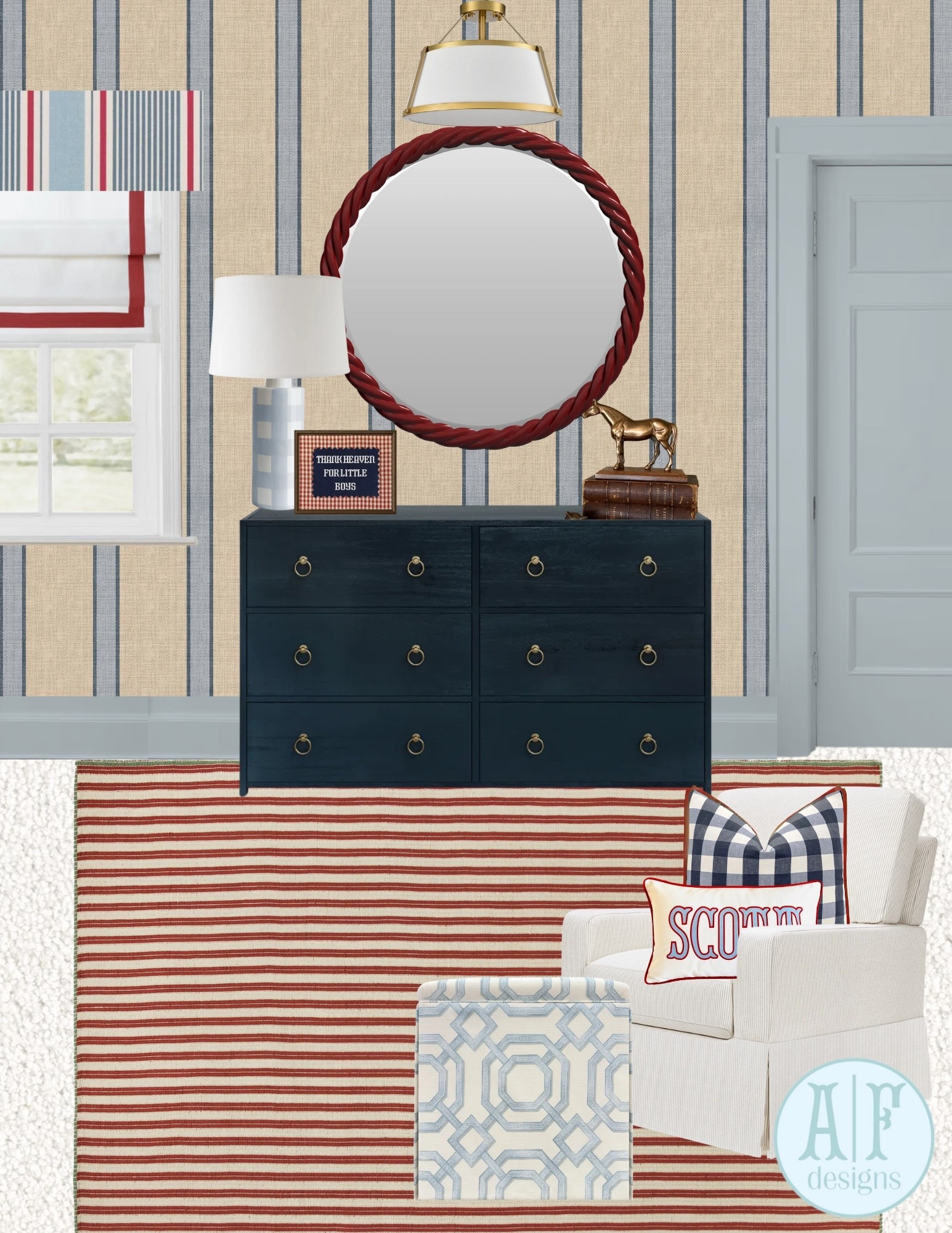 all american boy nursery inspiration! absolutely in love with this color combo🩵❤️ 

wallpaper: loomwell lincoln 
trim: SW 6806 rhythmic blue 


blue red navy american boy nursery boy room 

#LTKHome #LTKBaby #LTKKids