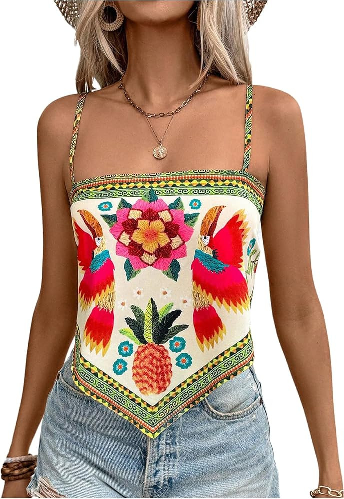 SweatyRocks Women's Tribal Floral Print Backless Camisole Tie Knot Sleeveless Vacation Boho Tops | Amazon (US)