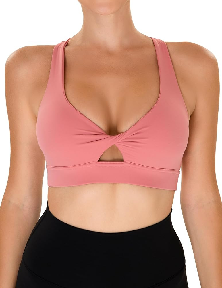 YUNOGA Women's Workout Sports Bras Twist Front Padded Yoga Bras Medium Supports Criss Cross Back ... | Amazon (US)