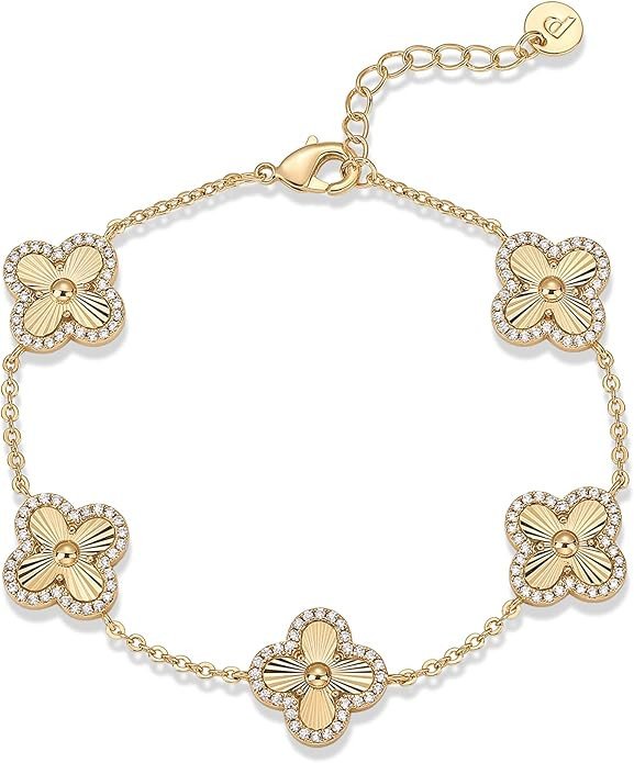 PAVOI 14K Gold Plated Bracelet for Women - Lucky Charm Four Leaf Clover Bracelet Station with Cub... | Amazon (US)
