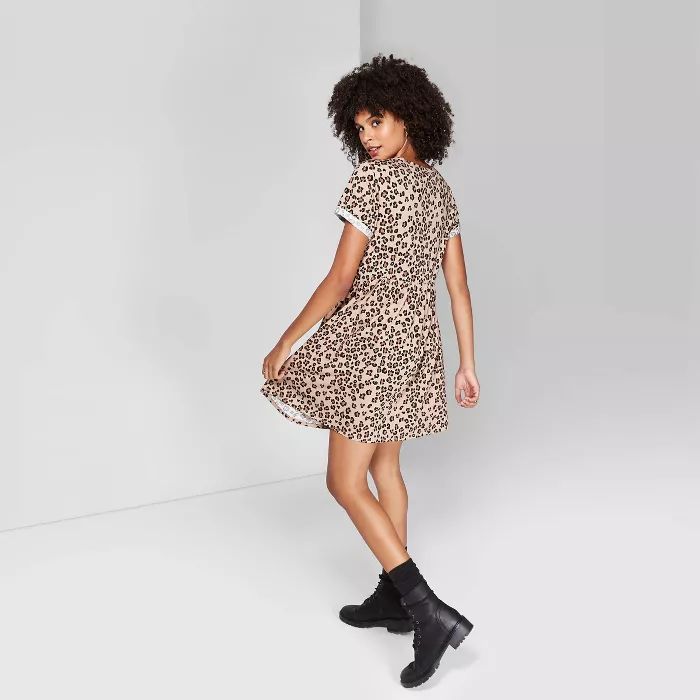 Women's Leopard Print Short Sleeve Round Neck Knit Babydoll Mini Dress - Wild Fable™ Tan | Target