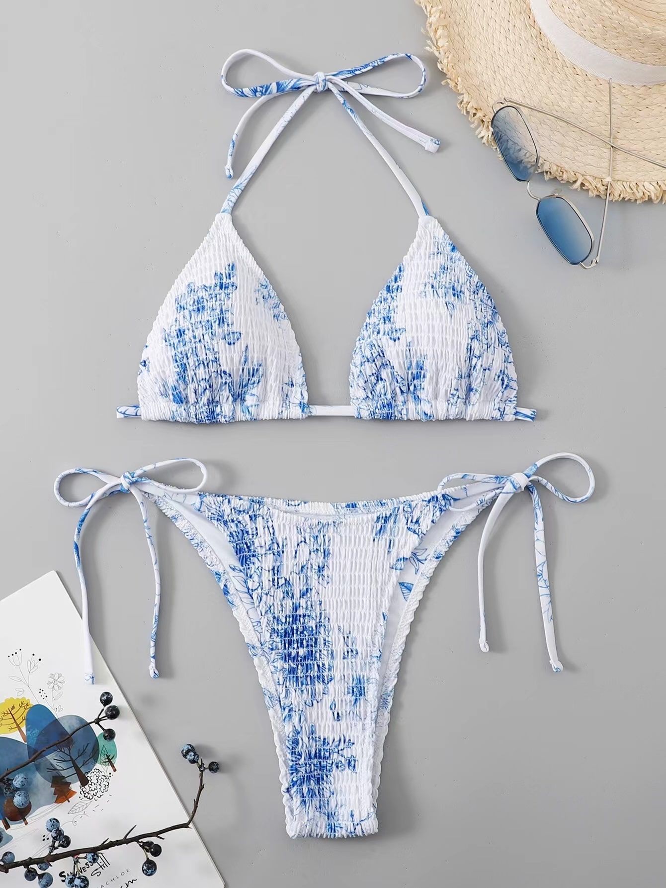 Random Floral Print Smocked Tie Side Bikini Swimsuit | SHEIN