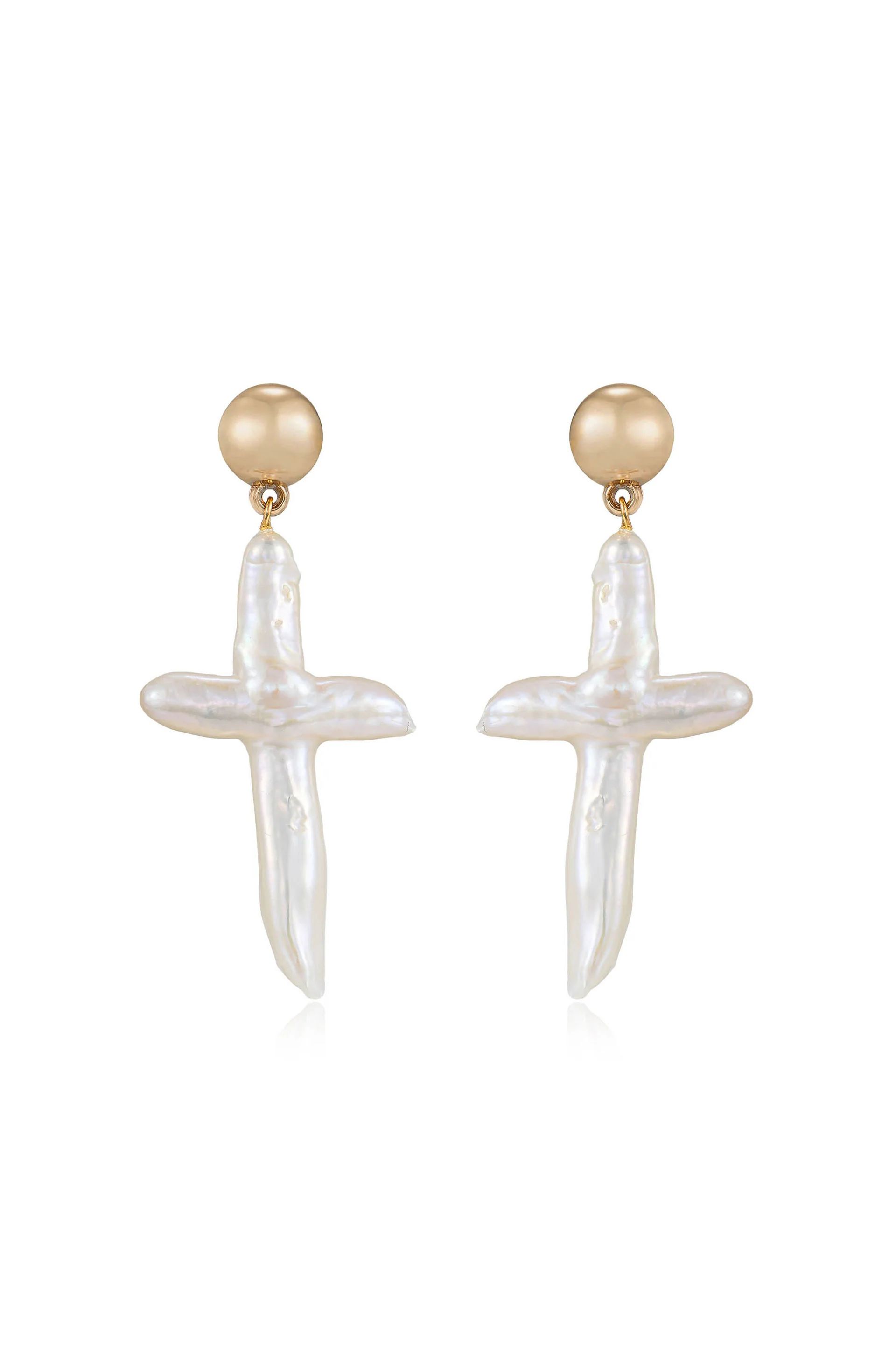Organic Freshwater Pearl Cross Earrings | Ettika