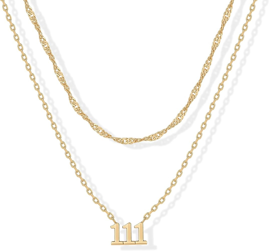 PAVOI 14K Gold Plated Angel Number Pendant Layering Necklace for Women | 999 Lucky Numerology Sin... | Amazon (US)