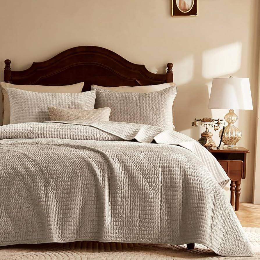 WDCOZY Velvet King Size Quilt Set - Beige Striped Pick Stitch Soft Lightweight Bedspread, Neutral... | Amazon (US)