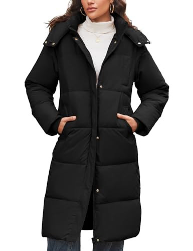 Flygo Long Winter Coats for Women Hooded Puffer Coat Jackets Thickened Midi Long Sleeve Zip Down Parka Outerwear(Black-S) | Amazon (US)