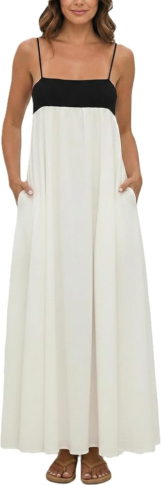 Women's Classy Sleeveless Contrast Maxi Babydoll Dress | Amazon (US)