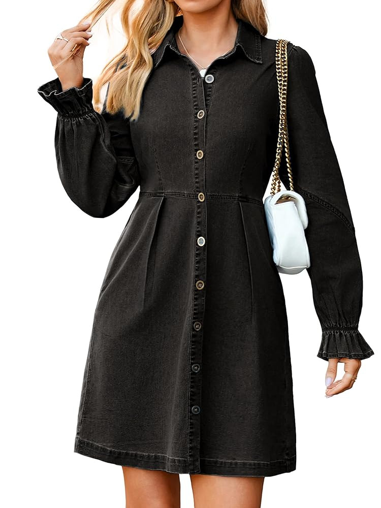 Simplee Womens Denim Dress Long Sleeve 2025 Fall Western Outfit Babydoll Button Down Mini Jean Dr... | Amazon (US)
