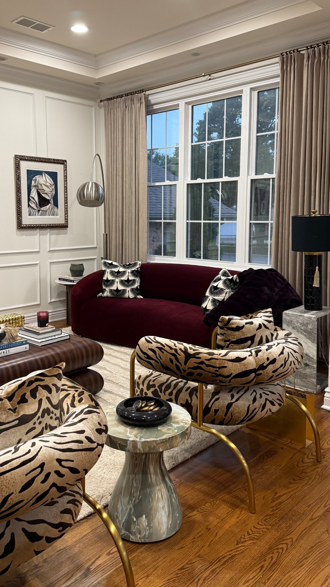 New view of my living room with neutral curtains