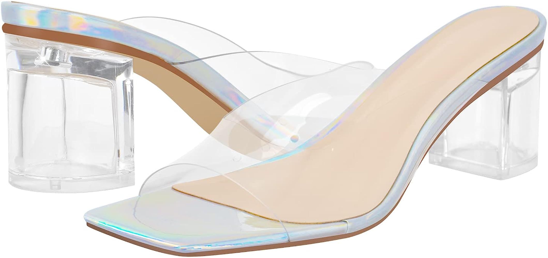 LISHAN Square Open Toe Mules Clear Mid Block Heeled Sandals for Women | Amazon (US)