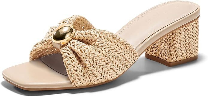 Coutgo Womens Low Chunky Block Heels Raffia Sandals Square Open Toe Slip On Slides Summer Beach D... | Amazon (US)