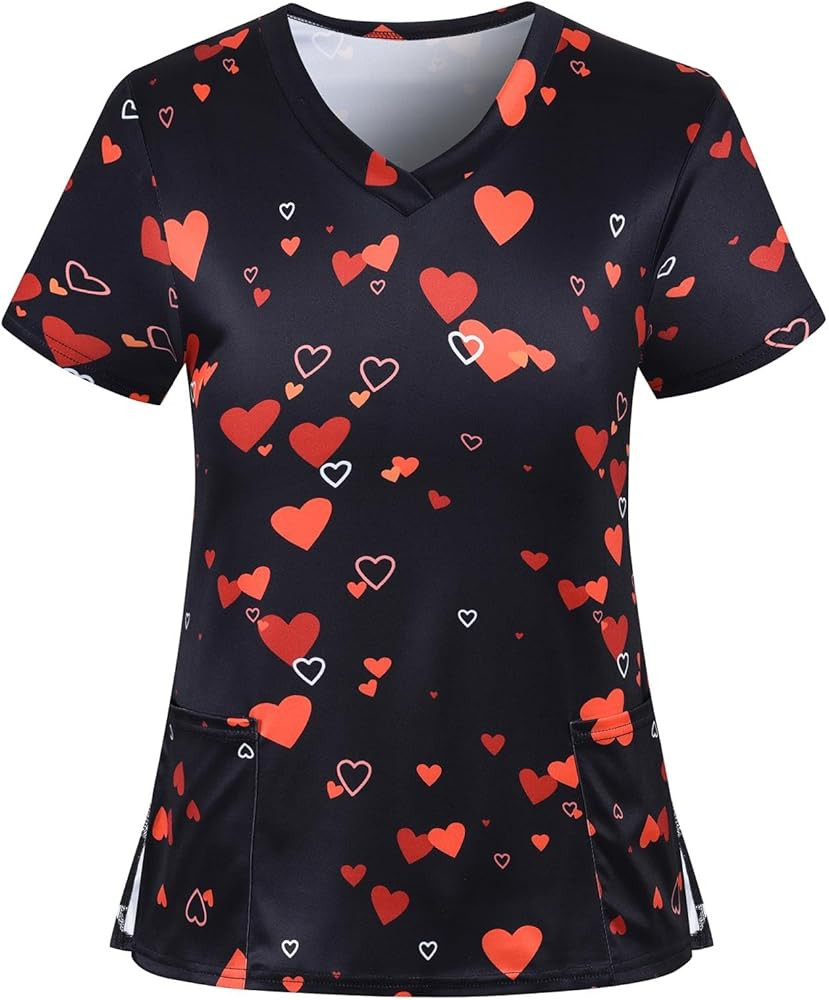 Valentines Day Scrub Tops Women Short Sleeve Vneck Love Heart Printed Nurse Working Uniforms Holi... | Amazon (US)