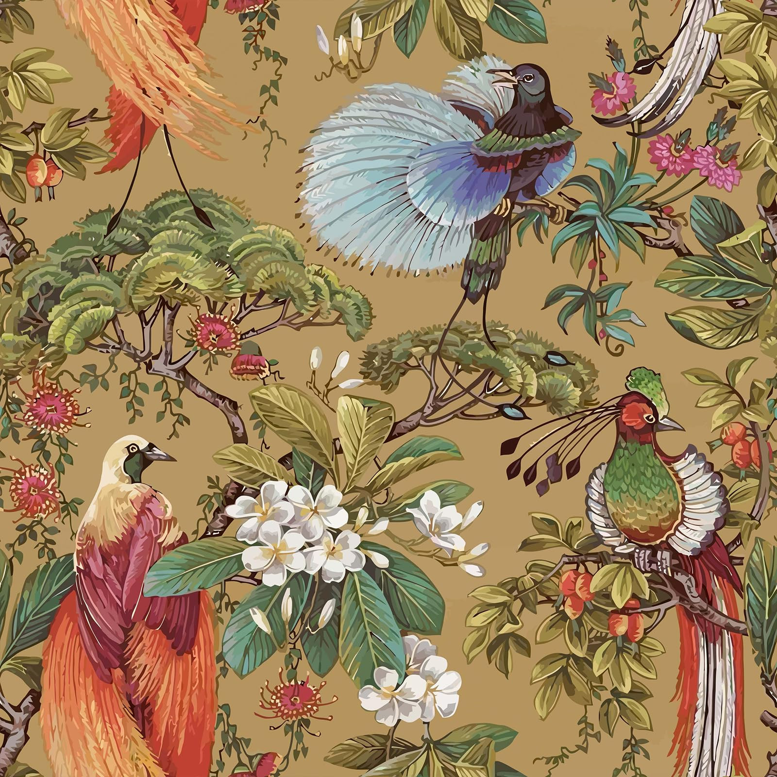 VEELIKE Oriental Ochre Yellow Bird Wallpaper - Vintage Floral Chinoiserie Wallpaper Mural - 17.7'... | Amazon (US)