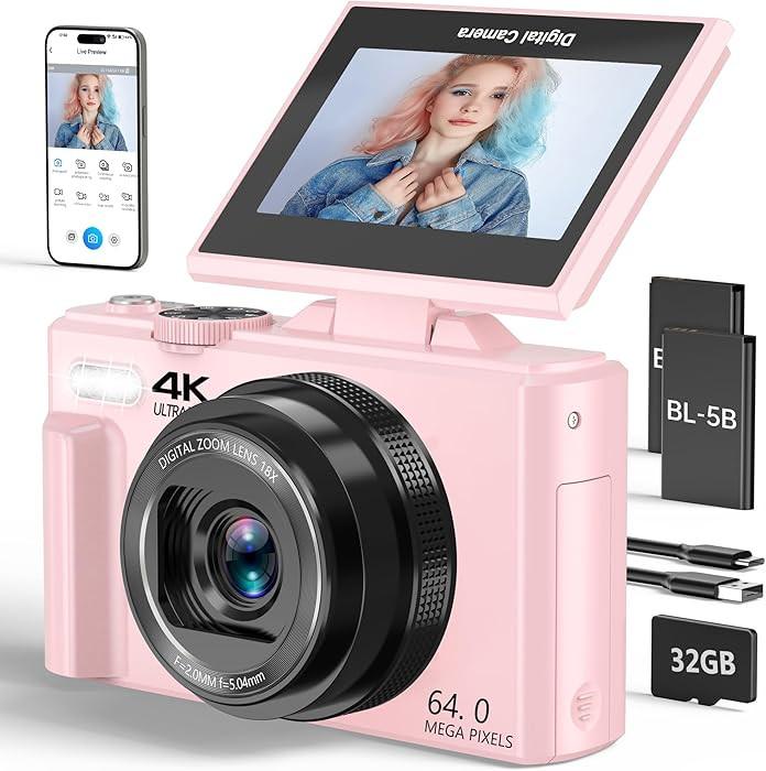 4K Digital Camera for Photography, 64MP Vlogging Camera for YouTube with 3" 180° Flip Screen, 18... | Amazon (US)