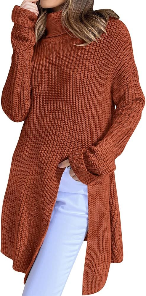 MUXERI Women's Turtleneck Long Sleeve Side Split Loose Chunky Knit Pullover Sweater Jumper Tops | Amazon (US)