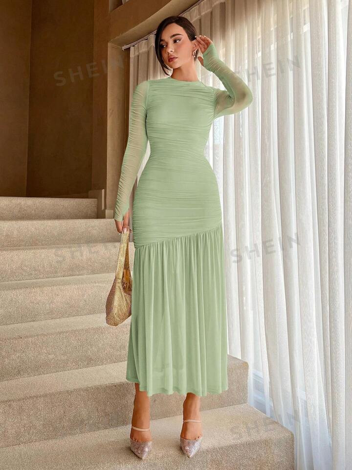 SHEIN Aloruh Patchwork Mesh & Pleated Waist Cinched Dress | SHEIN