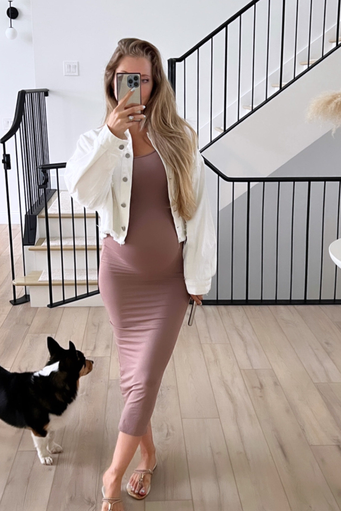 Another comfy maternity ‘fit - stretchy midi dress and frayed white jean jacket (various price points linked) #maternityfashion #bumpfit #pregnancyoutfit 

#LTKfit #LTKbump