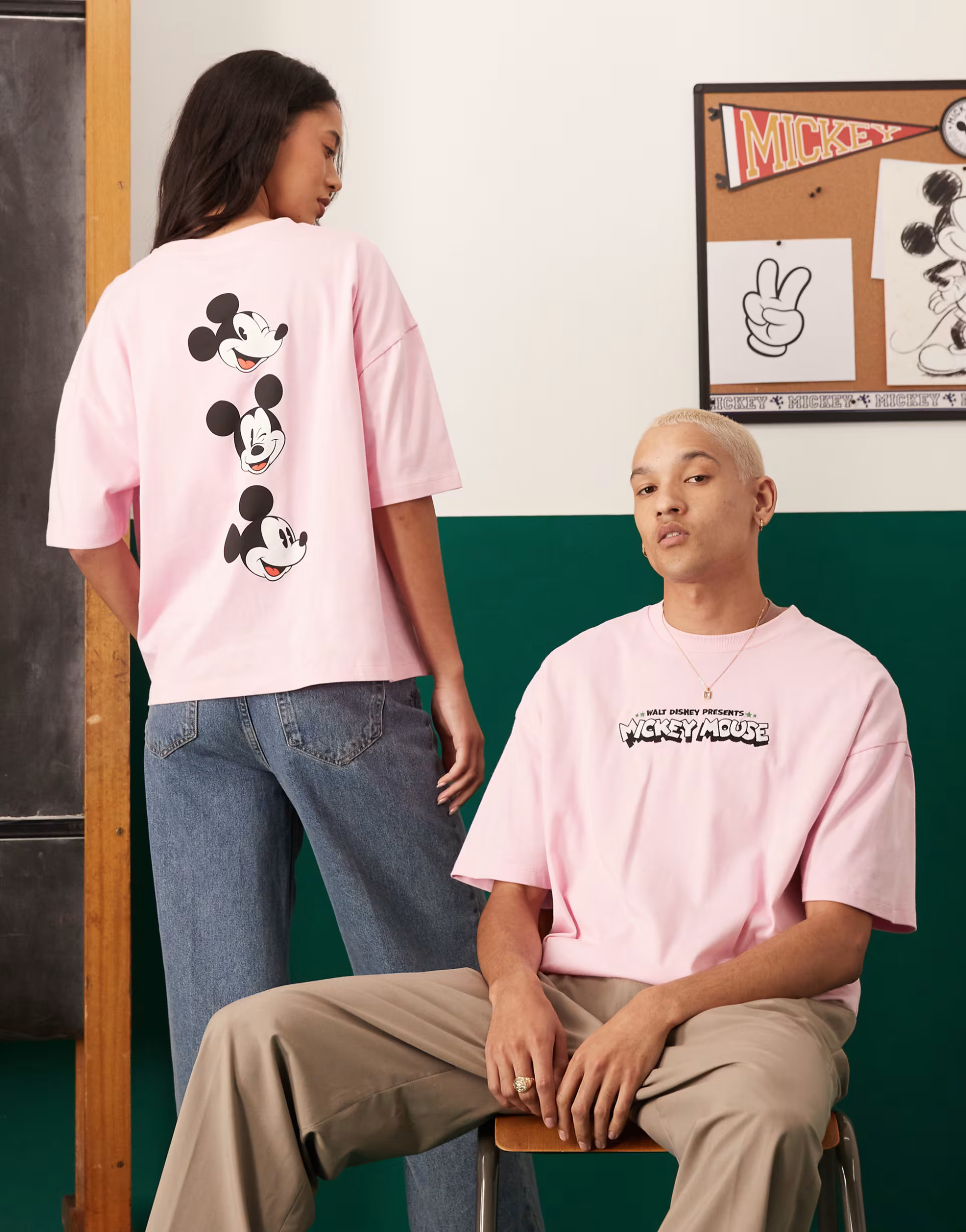 ASOS DESIGN Disney unisex oversized t-shirt with embroidered Mickey Mouse print in pink | ASOS (Global)