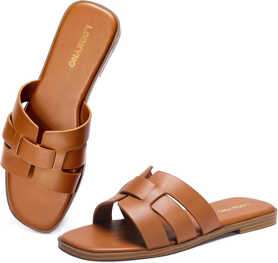 Flat Sandals for Women 2025 Dressy Summer Leather Slides with Square Open Toe | Amazon (US)