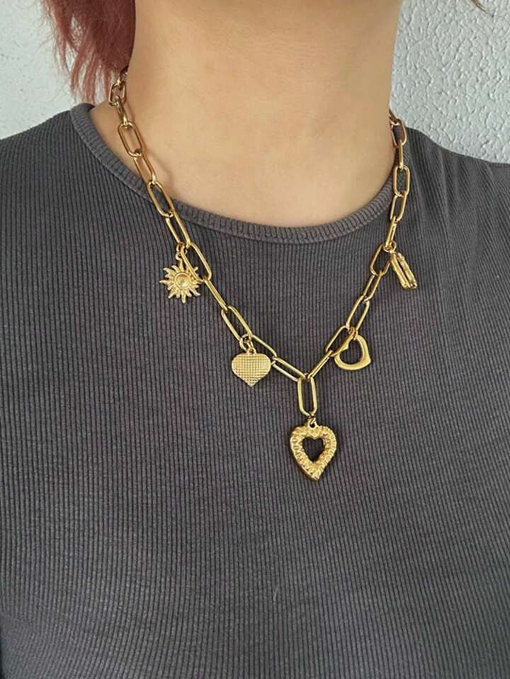 1pc Fashionable Retro Stainless Steel Geometric Heart Pendant Hip Hop Chain Necklace For Women | ... | SHEIN