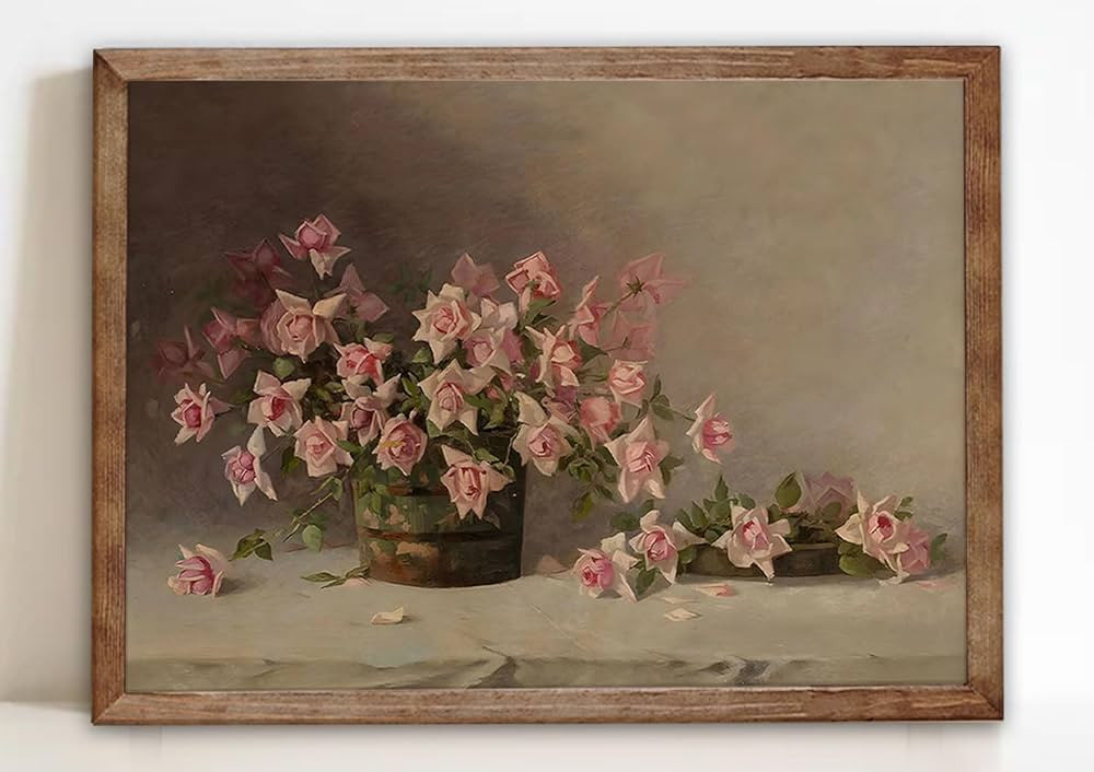 Pink Flower Wall Art Vintage Rose Flower Poster Print Classical Oil Painting Colorful Wall Decor ... | Amazon (US)