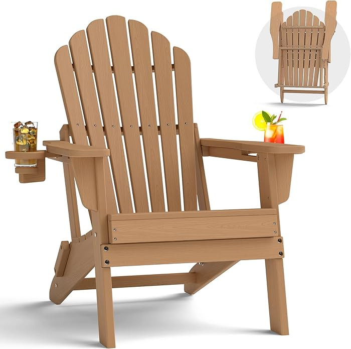 Plawdlik Oversized Folding Adirondack Chair, HDPE All-Weather Patio Chair with 2 Cup Holders, Hig... | Amazon (US)
