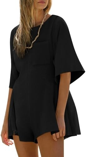 Yousify Rompers for Women Summer Outfits Slim Fit Short Sleeve Crew Neck Jumpsuits with Pocket | Amazon (US)