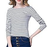 Tulucky Women's Casual Long Sleeve Shirts Stripe Tees Round Neck Tank Tops (WhiteDarkblue, XL) | Amazon (US)