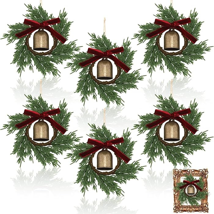 6 Pcs Mini Christmas Hanging Cedar Wreaths Small Xmas Cedar Wreath with Bell and Ribbon Bow for C... | Amazon (US)