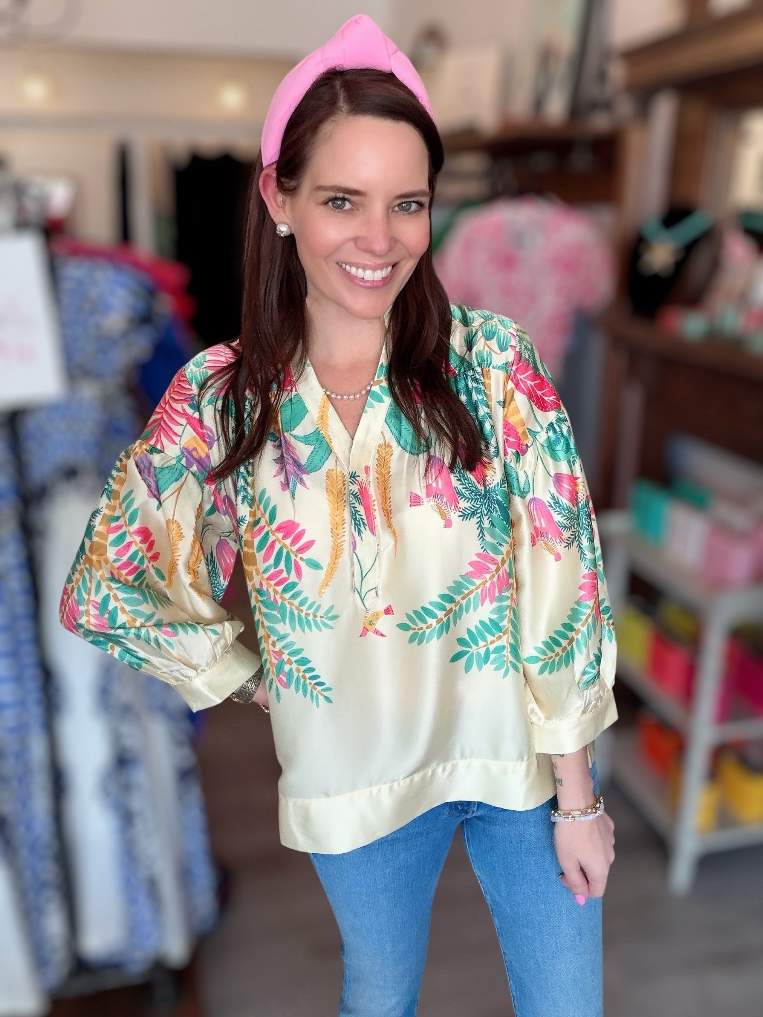 Tropical Print Silk Blouse & Jeans Outfit


Such a fun colorful blouse for spring and summer 🌿 This tropical print silk blouse has the prettiest mix of greens, pinks, and warm tones that pair perfectly with classic denim. I styled it with light wash jeans, gold mesh ballet flats, a pearl necklace, and a pink knot headband for an easy preppy everyday look.

Tropical print blouse outfit, silk blouse styling, colorful spring top, jeans and blouse outfit, preppy casual outfit, boutique blouse outfit idea, light wash jeans outfit, spring everyday style 🌸🌿👖

#LTKPetite #LTKOver40 #LTKootd