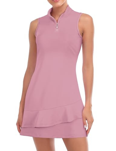 Viracy Tennis Dress for Women Workout Dresses Athletic Dress with Built in Shorts, Pockets Sleeveless Golf Dresses Zip Up Stand Collar Lightweight Ruffle Hem, Dark Pink, S | Amazon (US)