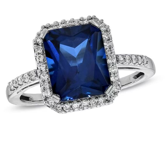 Emerald-Cut Lab-Created Blue and White Sapphire Ring in Sterling Silver|Zales | Zales