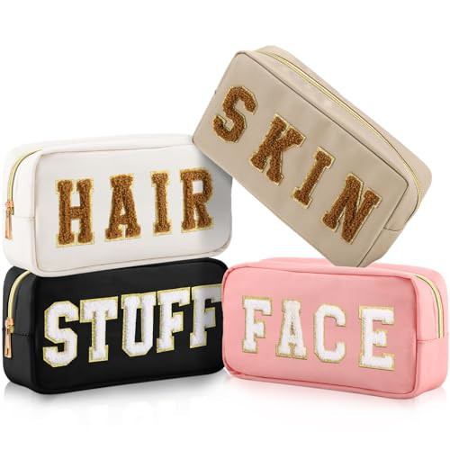 Cunno 4 Pcs Preppy Makeup Bags Chenille Letter Stuff Bag Nylon Cosmetic Pouch Cases with Zipper for Women Travel Toiletry(Cute Color,Vivid) | Amazon (US)