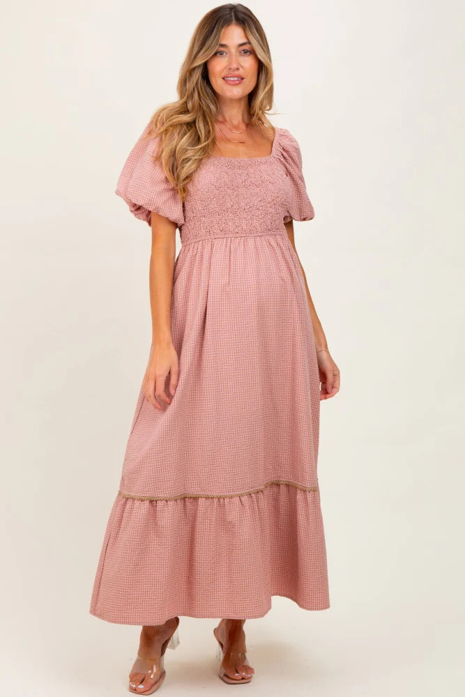 Mauve Plaid Smocked Puff Sleeve Maternity Maxi Dress | PinkBlush Maternity