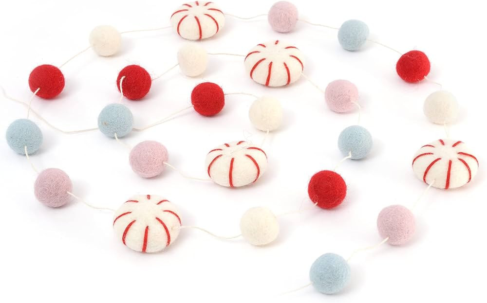 Glaciart One Peppermint Felt Ball Garland - Pompom Holiday Decoration Hand-Made from Natural Wool... | Amazon (US)