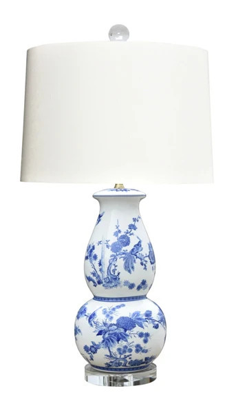 Blue & White Floral Gourd Lamp on Crystal Base | The Enchanted Home