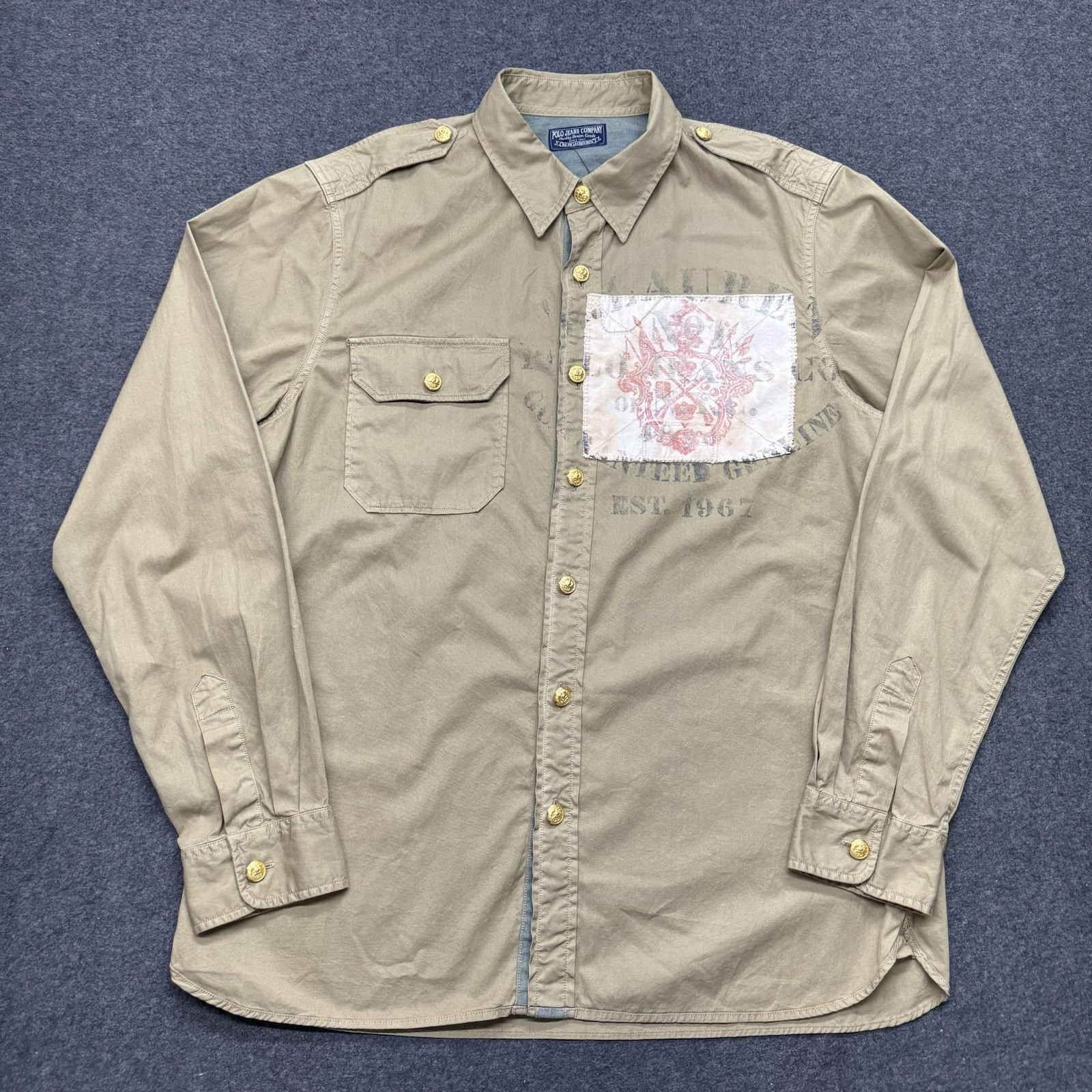 Polo Jeans Co Ralph Lauren Military Shirt Men L Khaki Patch Gold Buttons Rare | eBay US